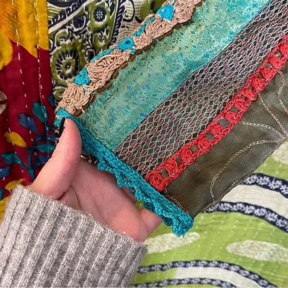 Rare Vintage Sandy Starkman Aqua Patchwork/ Embroidered Boho Cardigan Size Small - Picture 7 of 15